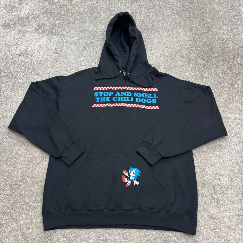 Sonic The Hedgehog SEGA Graphic Hoodie Pullover Sweatshirt Large Black Fleece